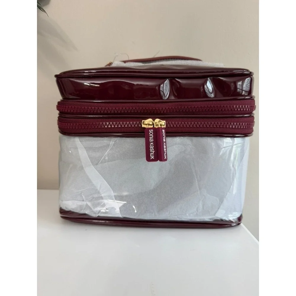 Sonia Kashuk Makeup Bag Women OS Burgundy Clear Travel Cosmetic Case NWT